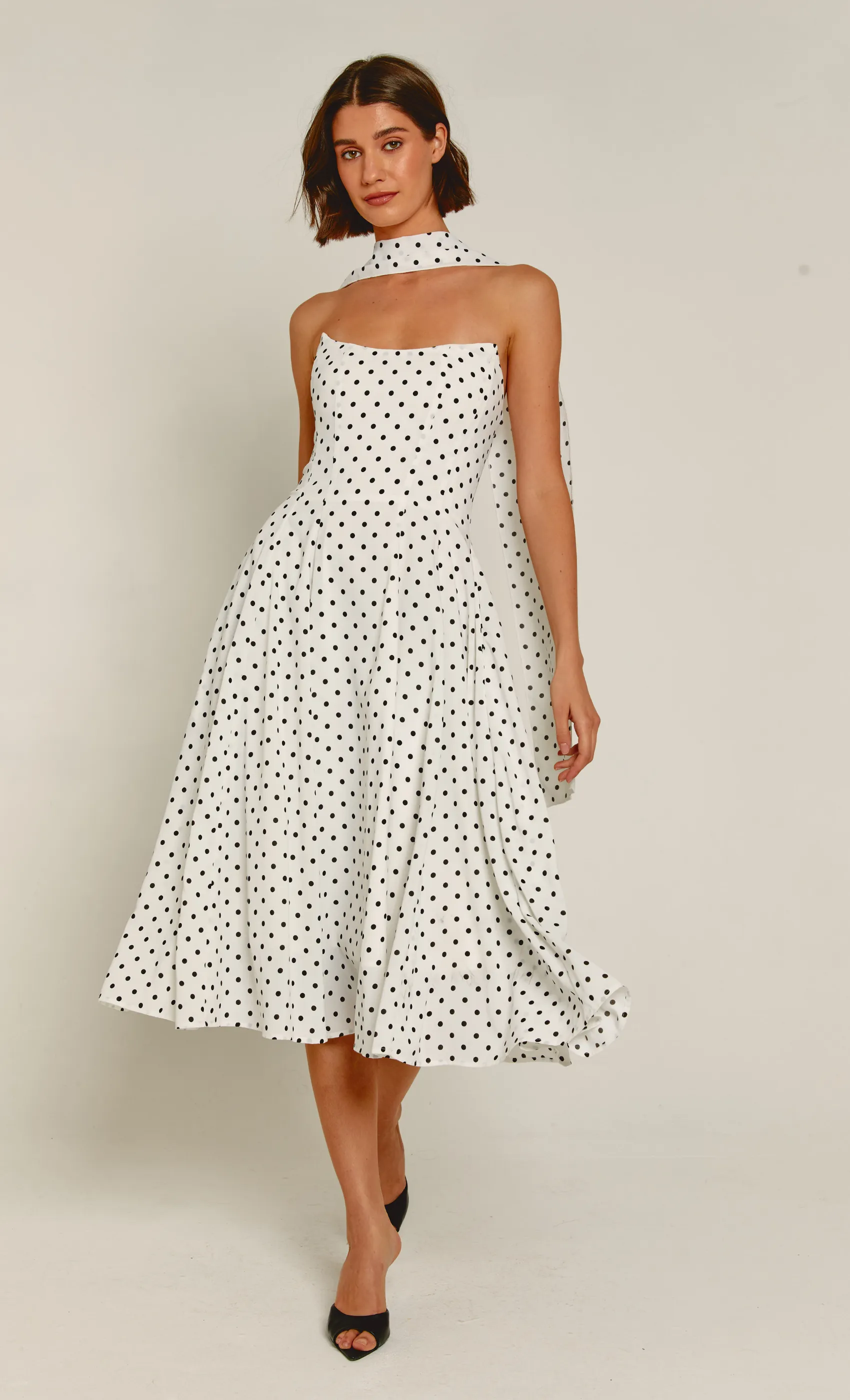 White Polka Dot Scarf Midi Dress sold by Rare London