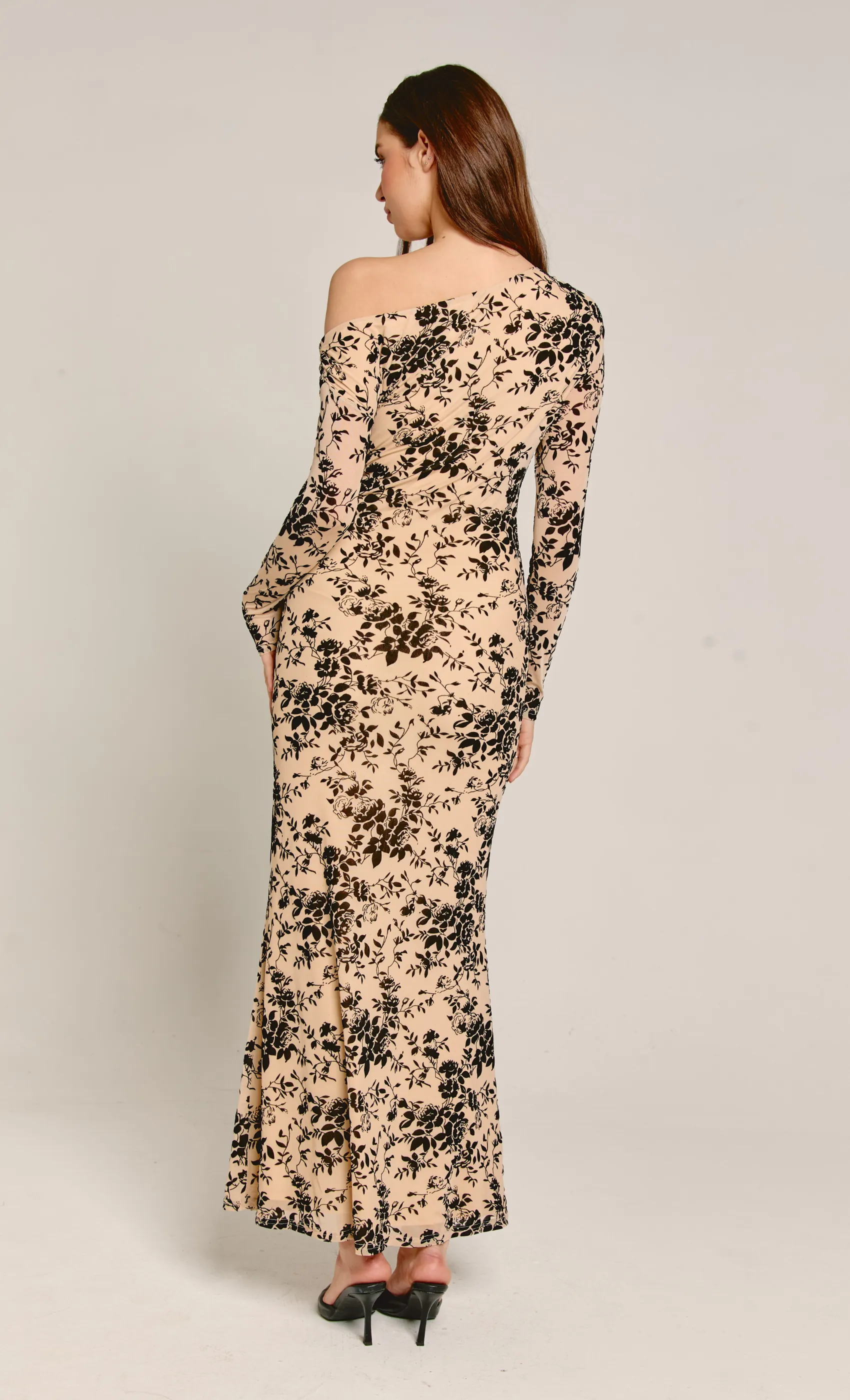 Cream Burnout Fallen Shoulder Maxi Dress sold by Rare London product image thumbnail 2