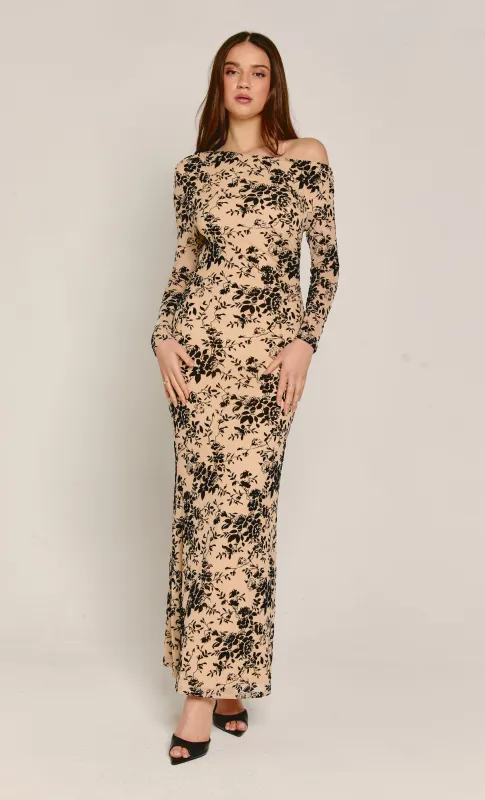 Cream Burnout Fallen Shoulder Maxi Dress made by Rare London