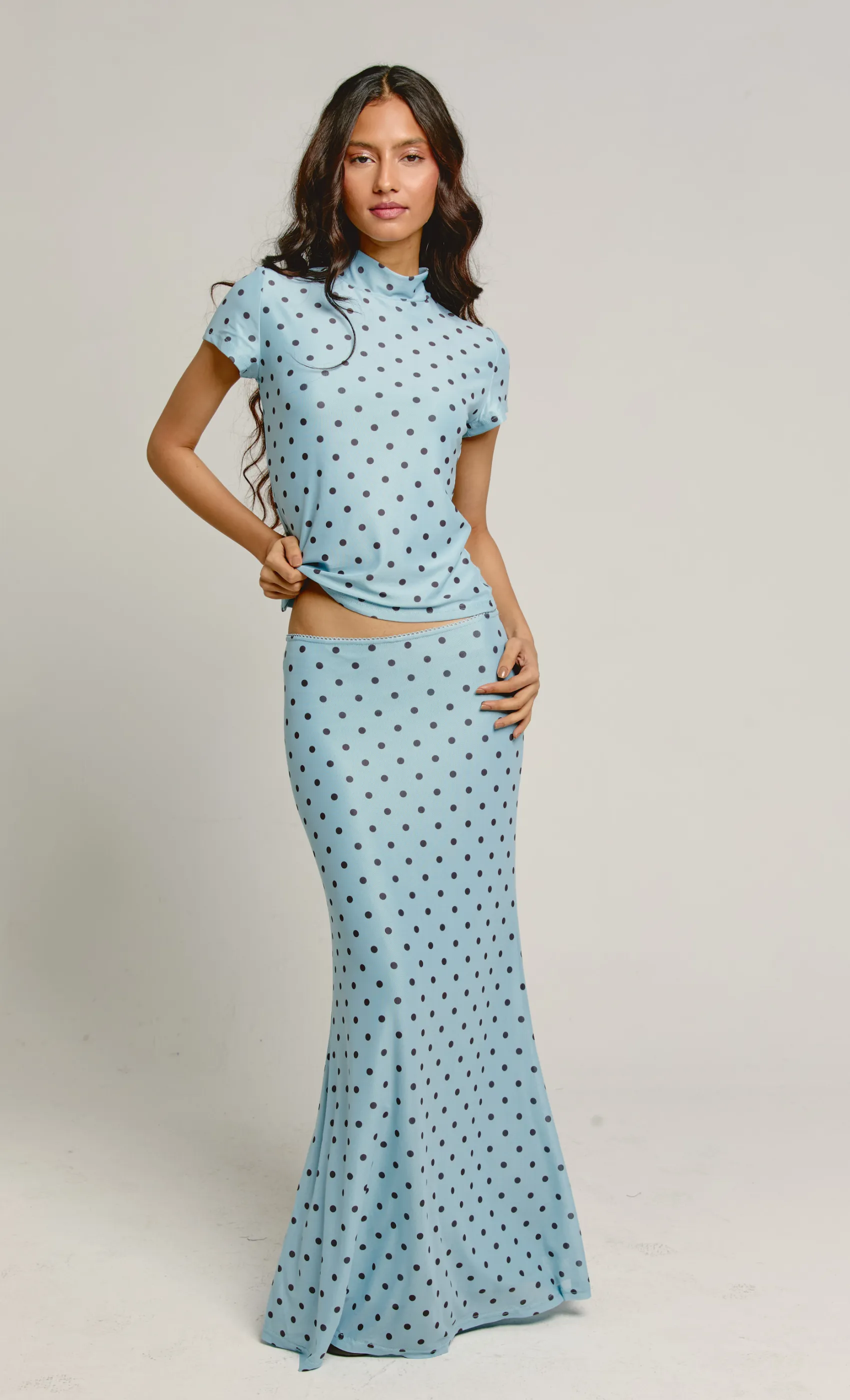 Blue & Brown Polka Dot Mesh Top sold by Rare London product image thumbnail 3