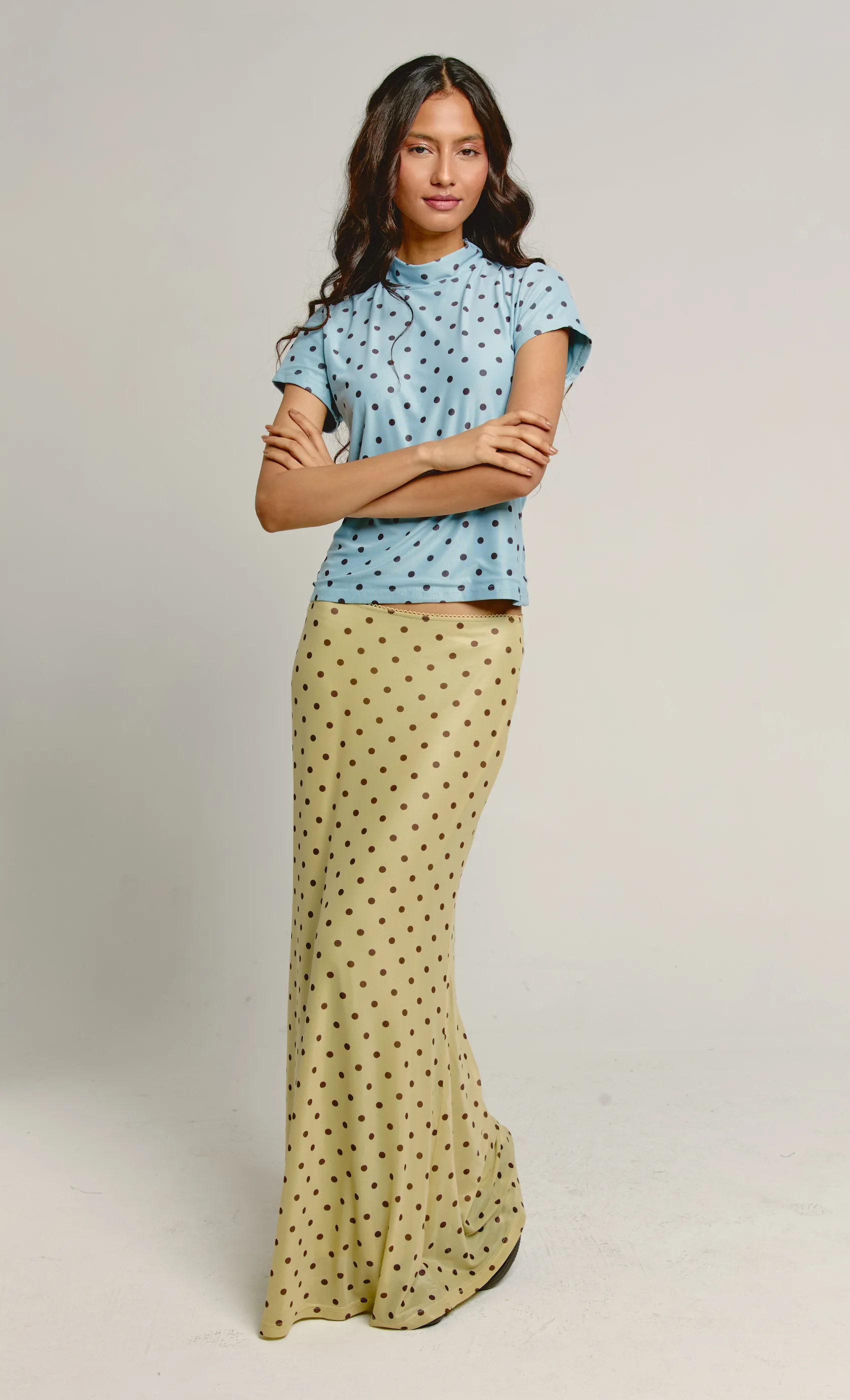 Blue & Brown Polka Dot Mesh Top sold by Rare London product image thumbnail 4