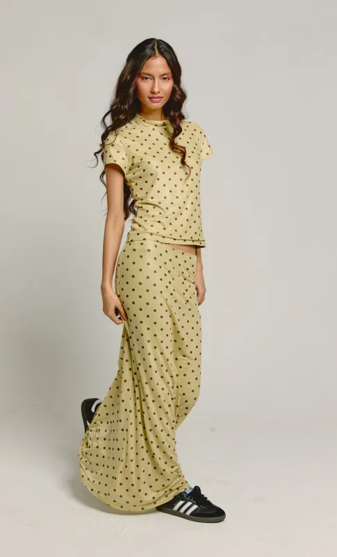 Olive & Brown Polka Dot Mesh Maxi Skirt made by Another Girl