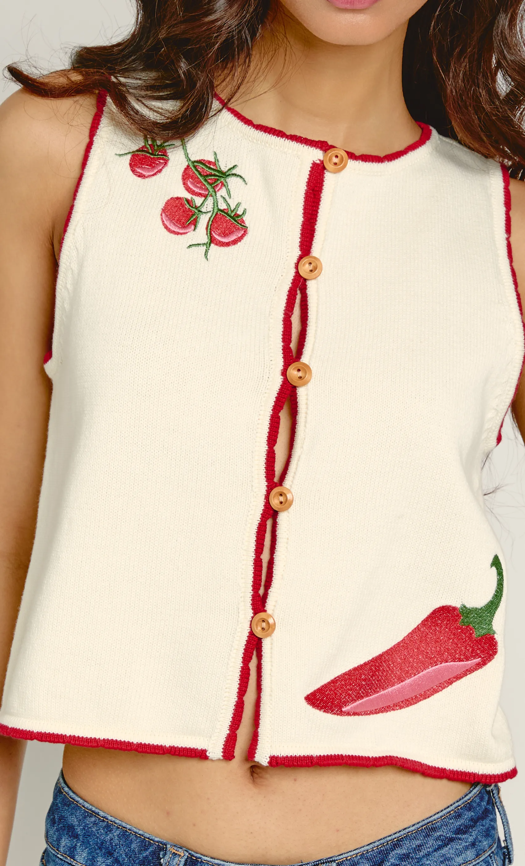 Cream Chili Tomato Knit Waistcoat sold by Rare London product image thumbnail 4