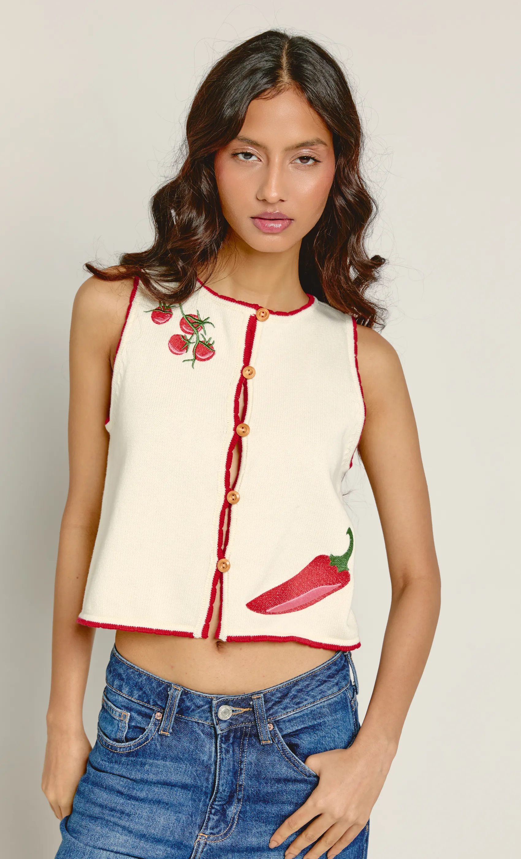 Cream Chili Tomato Knit Waistcoat sold by Rare London