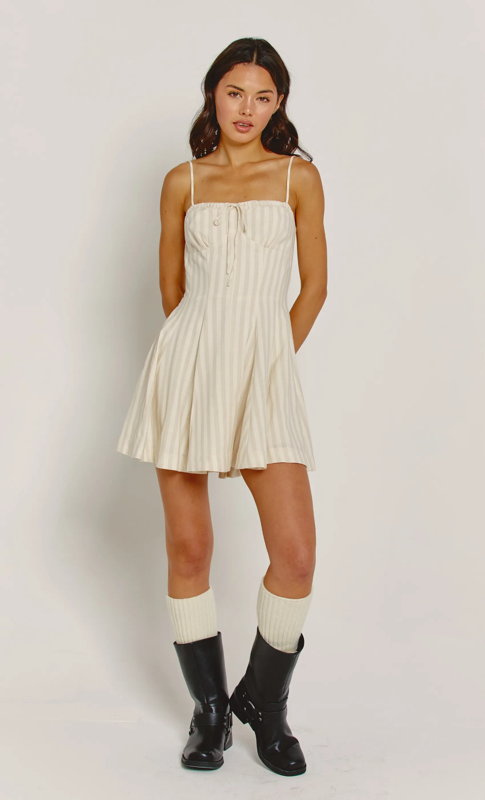 Cream Linen Stripe Mini Dress sold by Rare London product image thumbnail 3