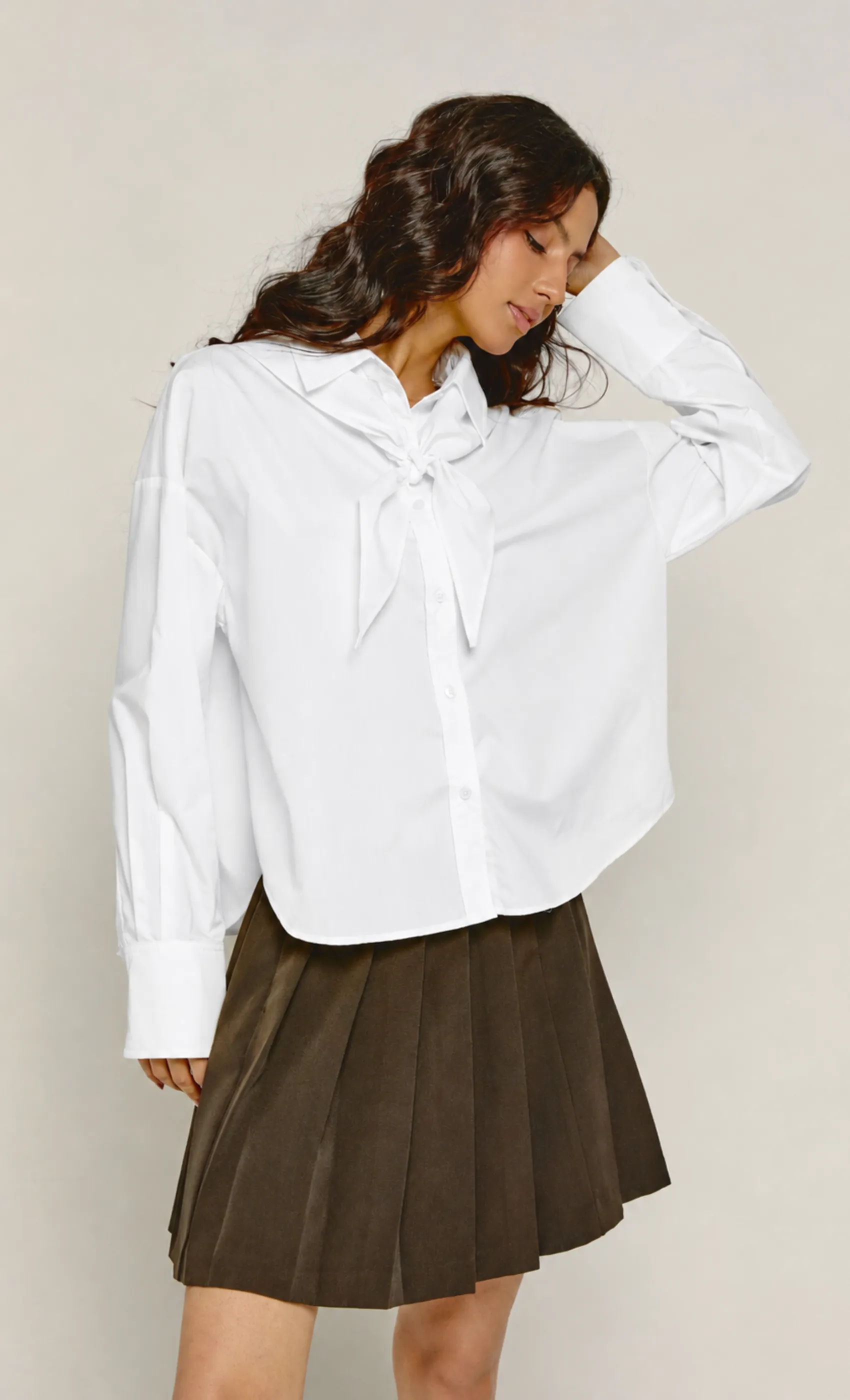 White Boxy Tie Neck Scarf Shirt sold by Rare London product image thumbnail 3