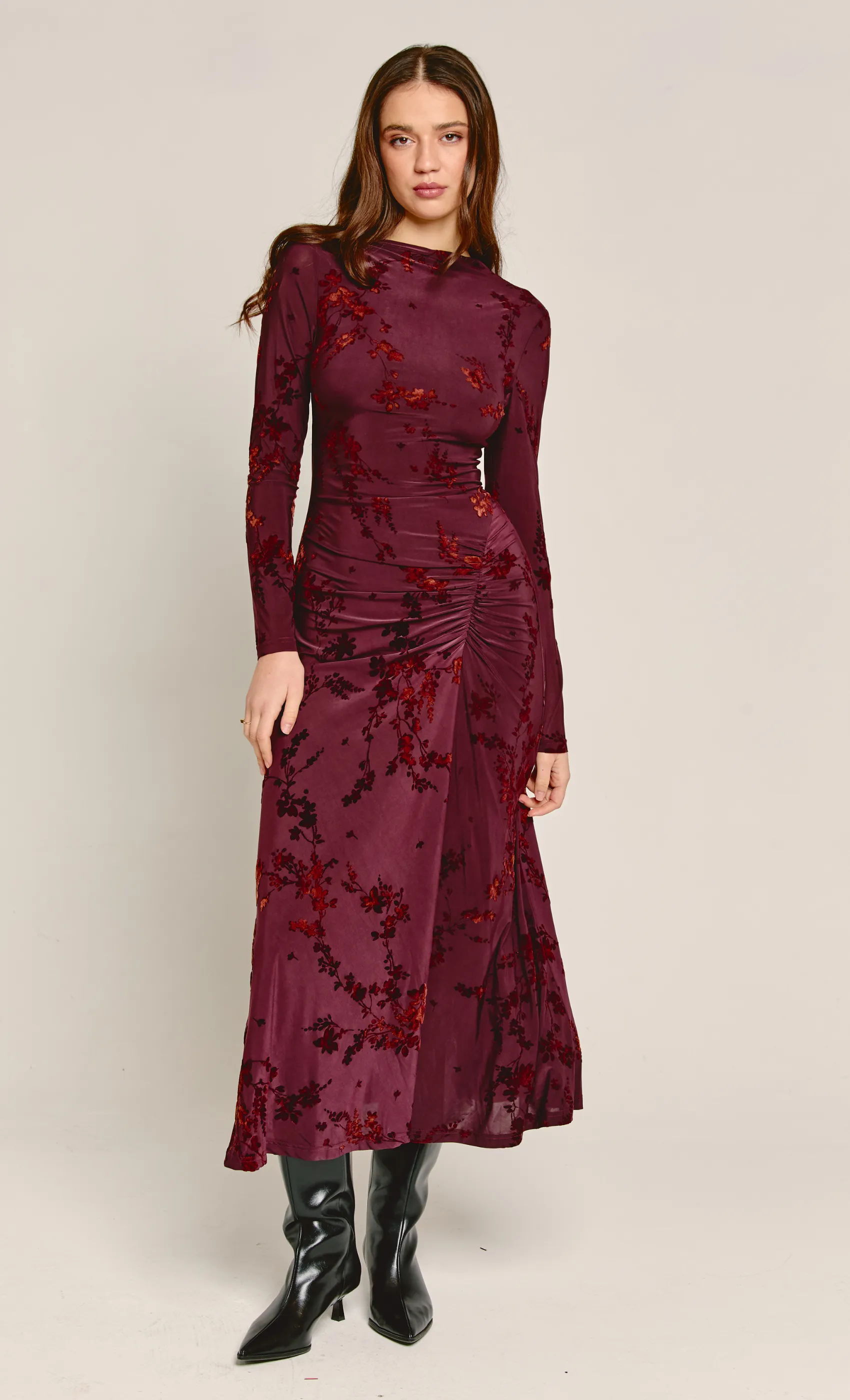 Wine Burnout Ruched Maxi Dress sold by Rare London