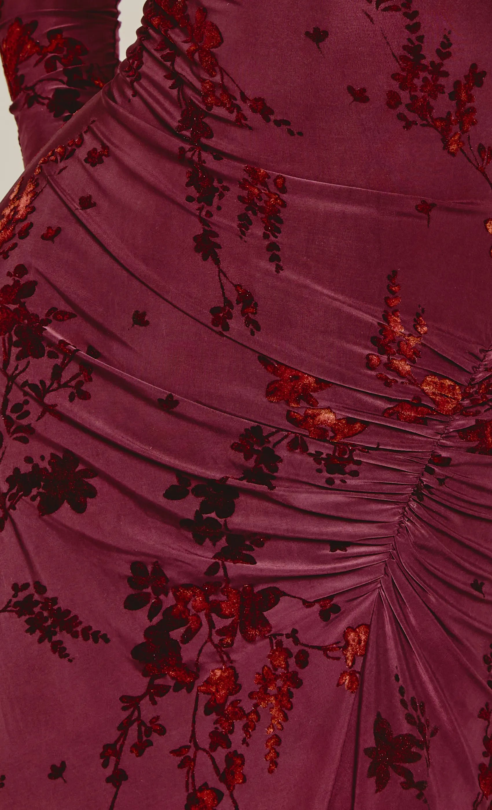 Wine Burnout Ruched Maxi Dress sold by Rare London product image thumbnail 4