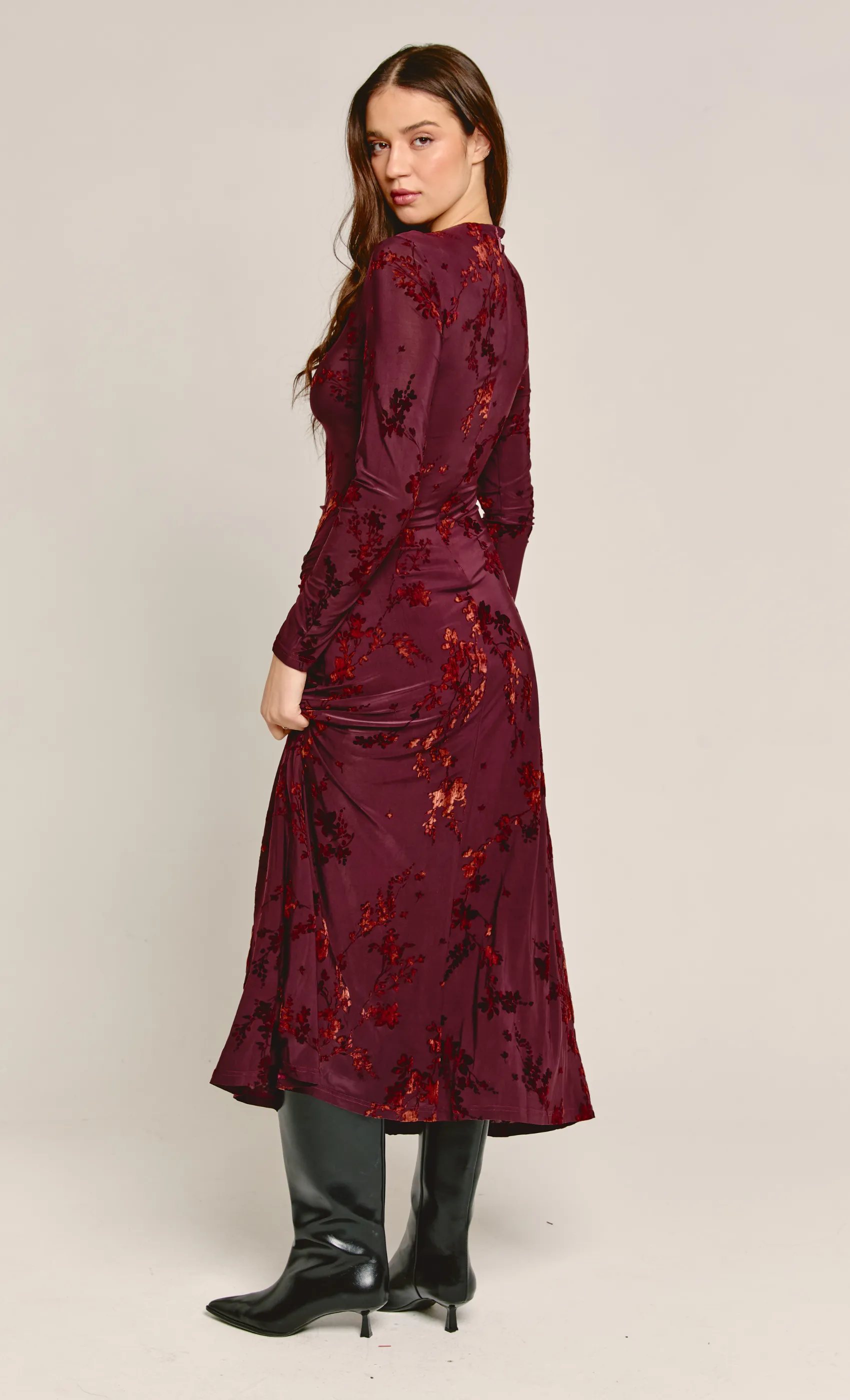 Wine Burnout Ruched Maxi Dress sold by Rare London product image thumbnail 2