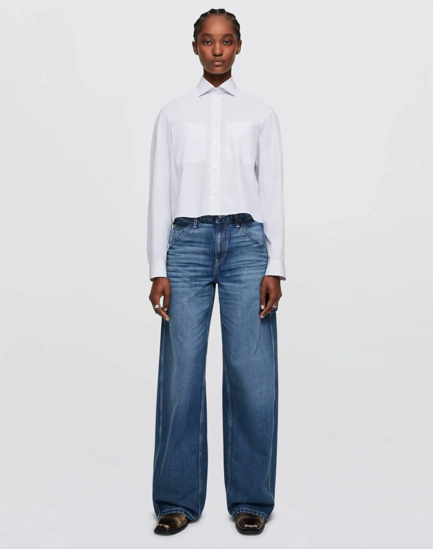 Cropped Oversized Button Up - White/Black sold by Re/Done product image thumbnail 2