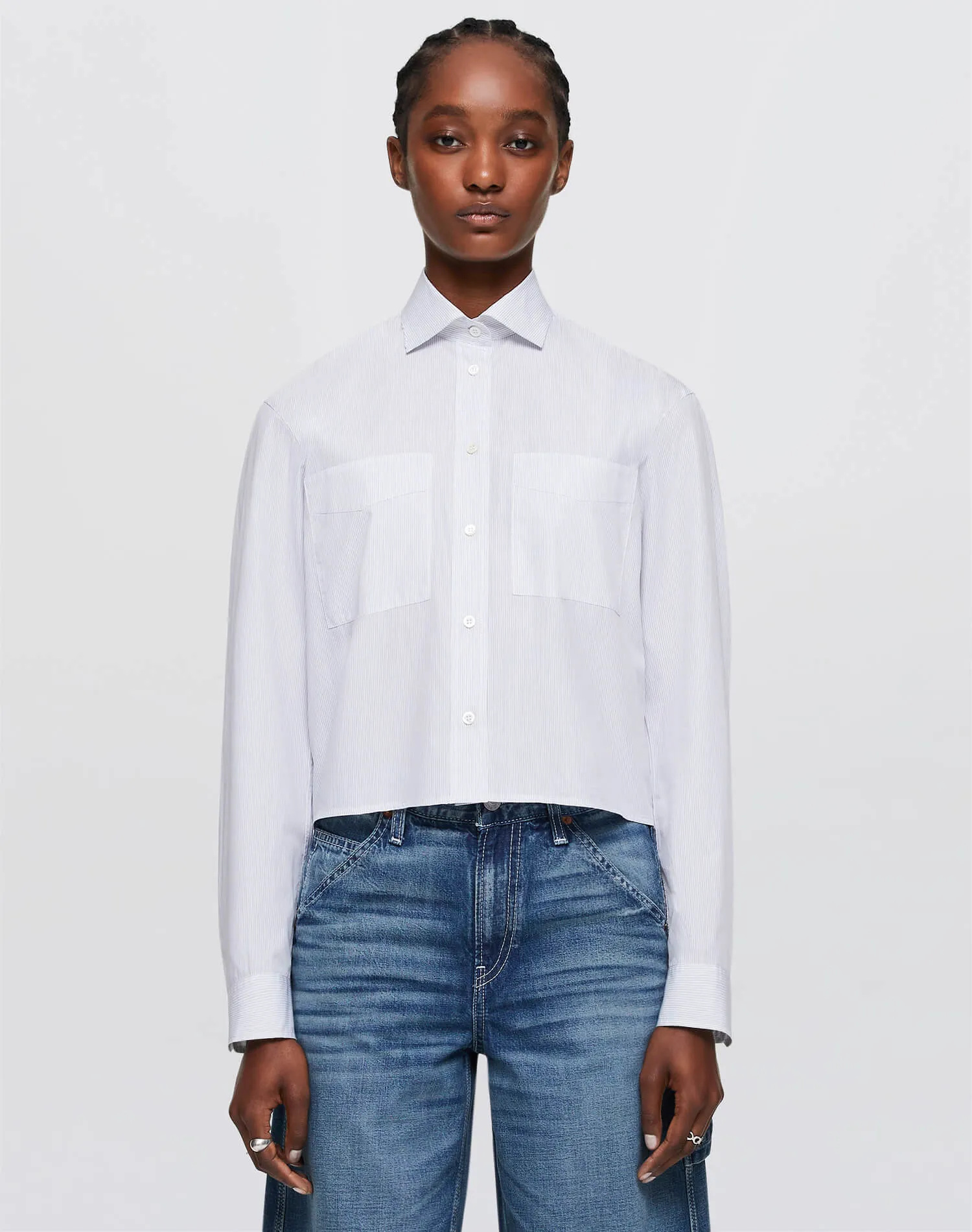 Cropped Oversized Button Up - White/Black sold by Re/Done