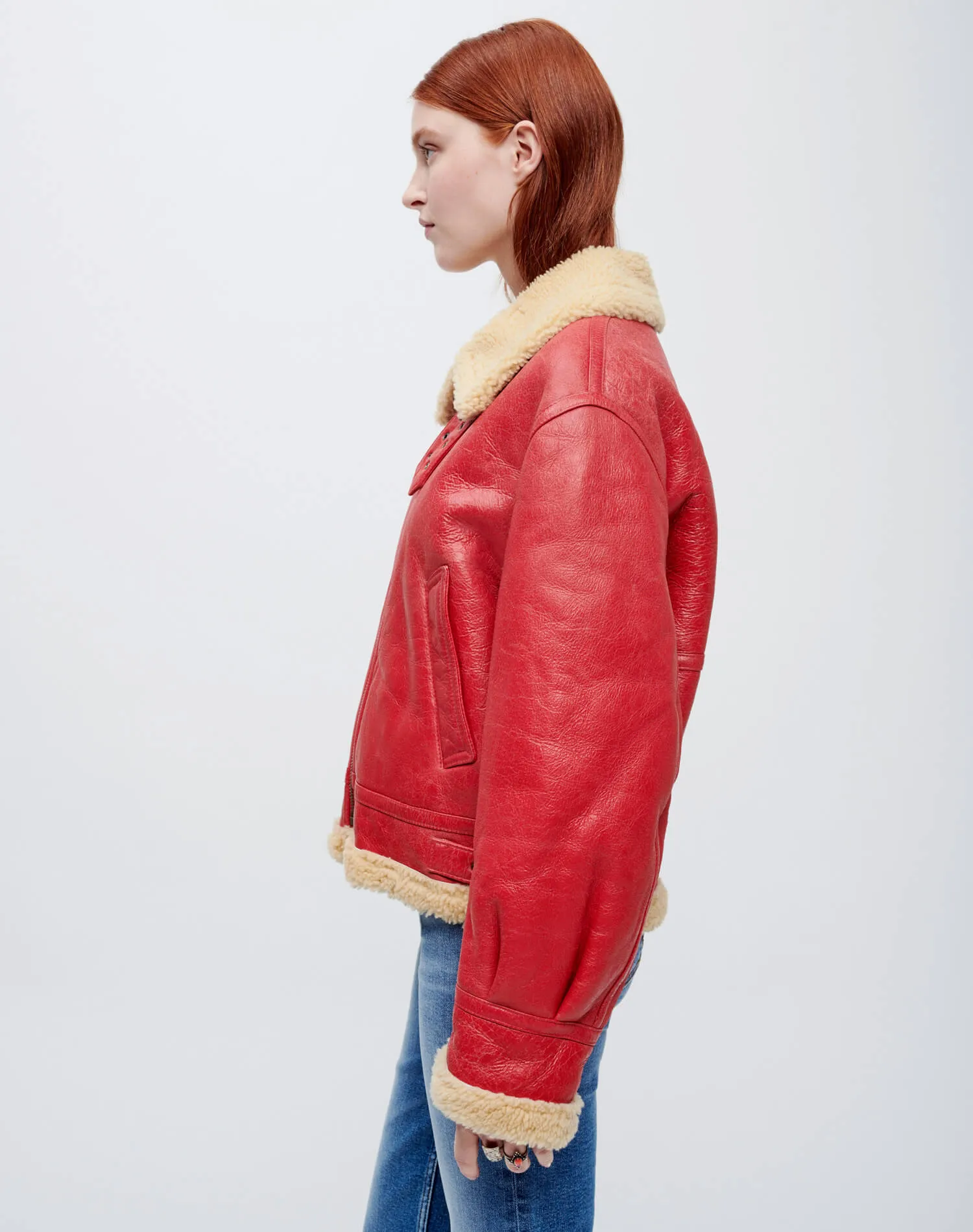 Suede Shearling Aviator Jacket - Red sold by Re/Done product image thumbnail 4
