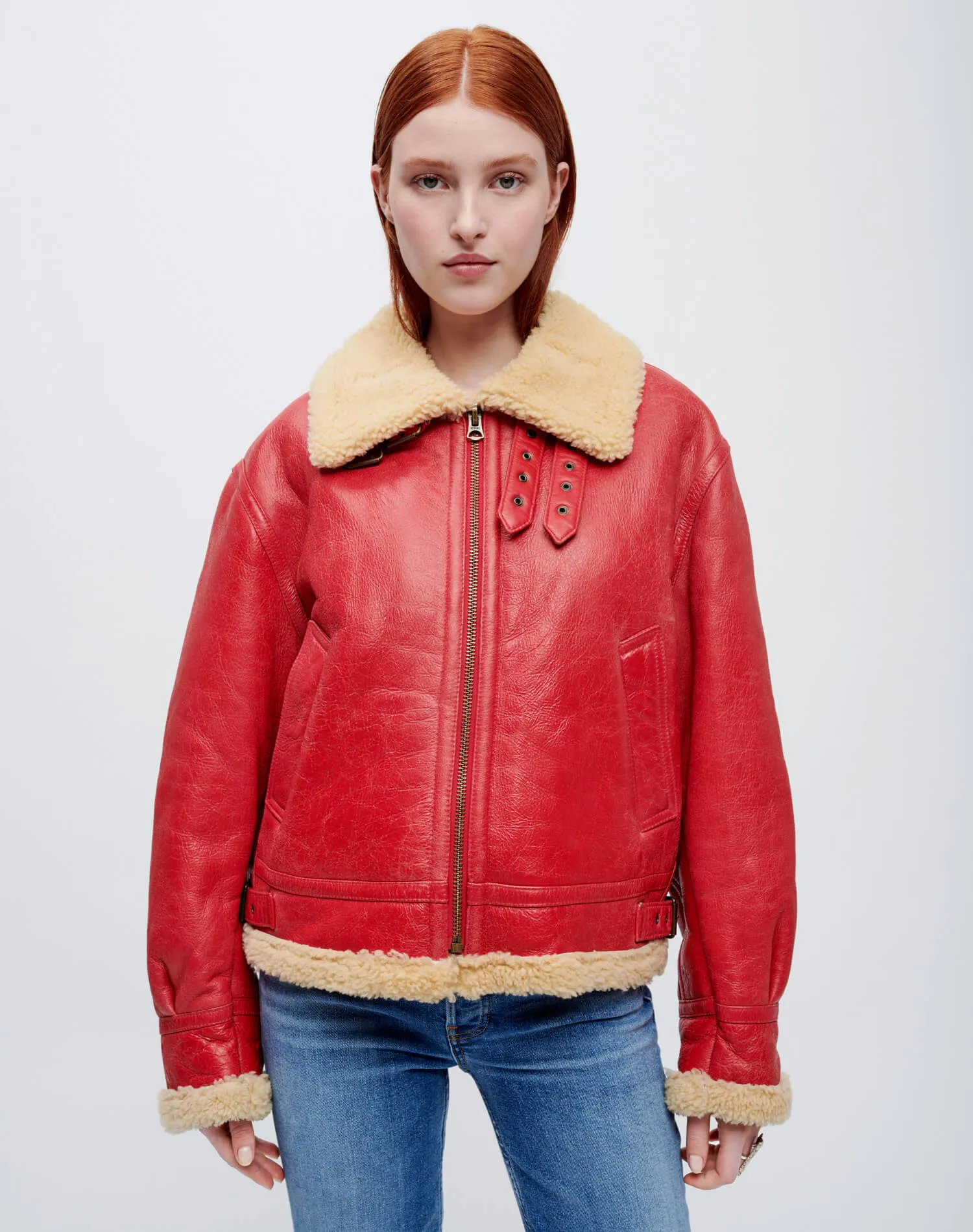 Suede Shearling Aviator Jacket - Red sold by Re/Done