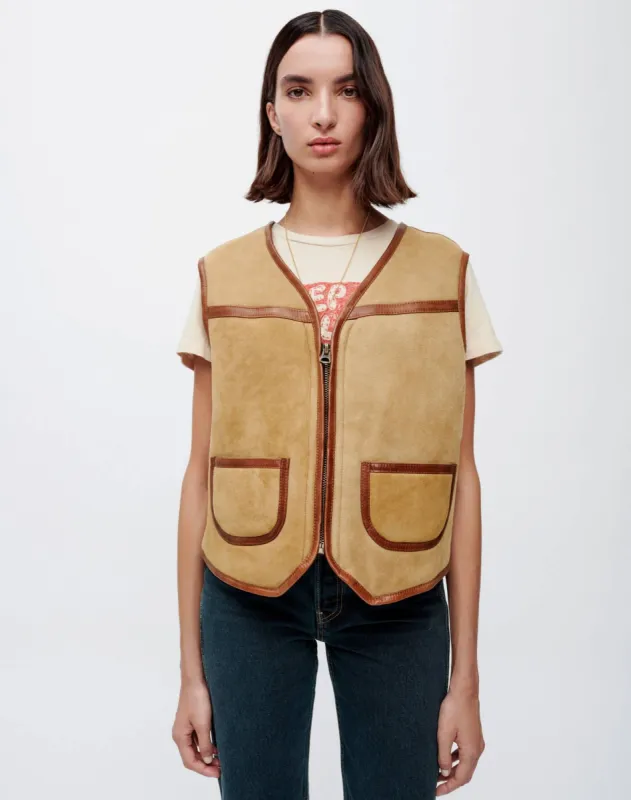 Suede Shearling V Neck Vest - Brown sold by Re/Done
