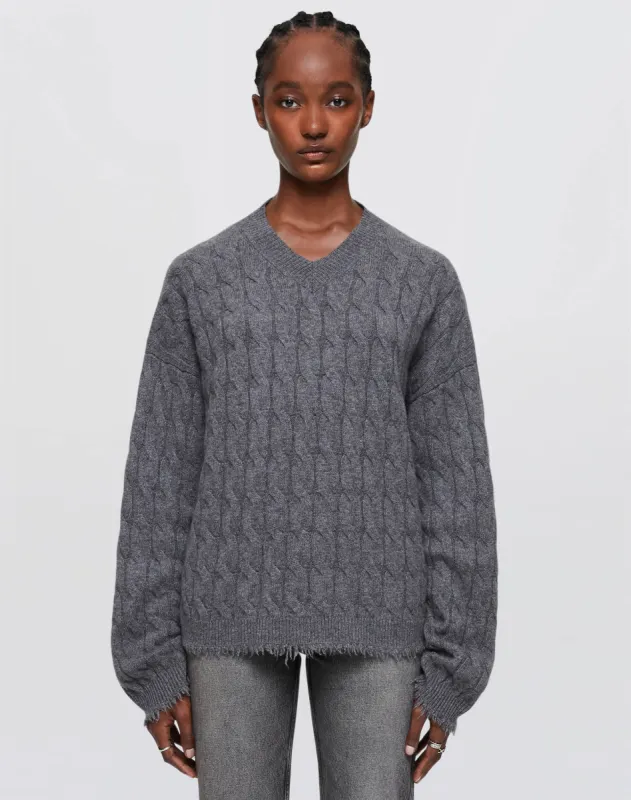 Cashmere Cable V Neck Pullover - Grey Heather made by Re/Done