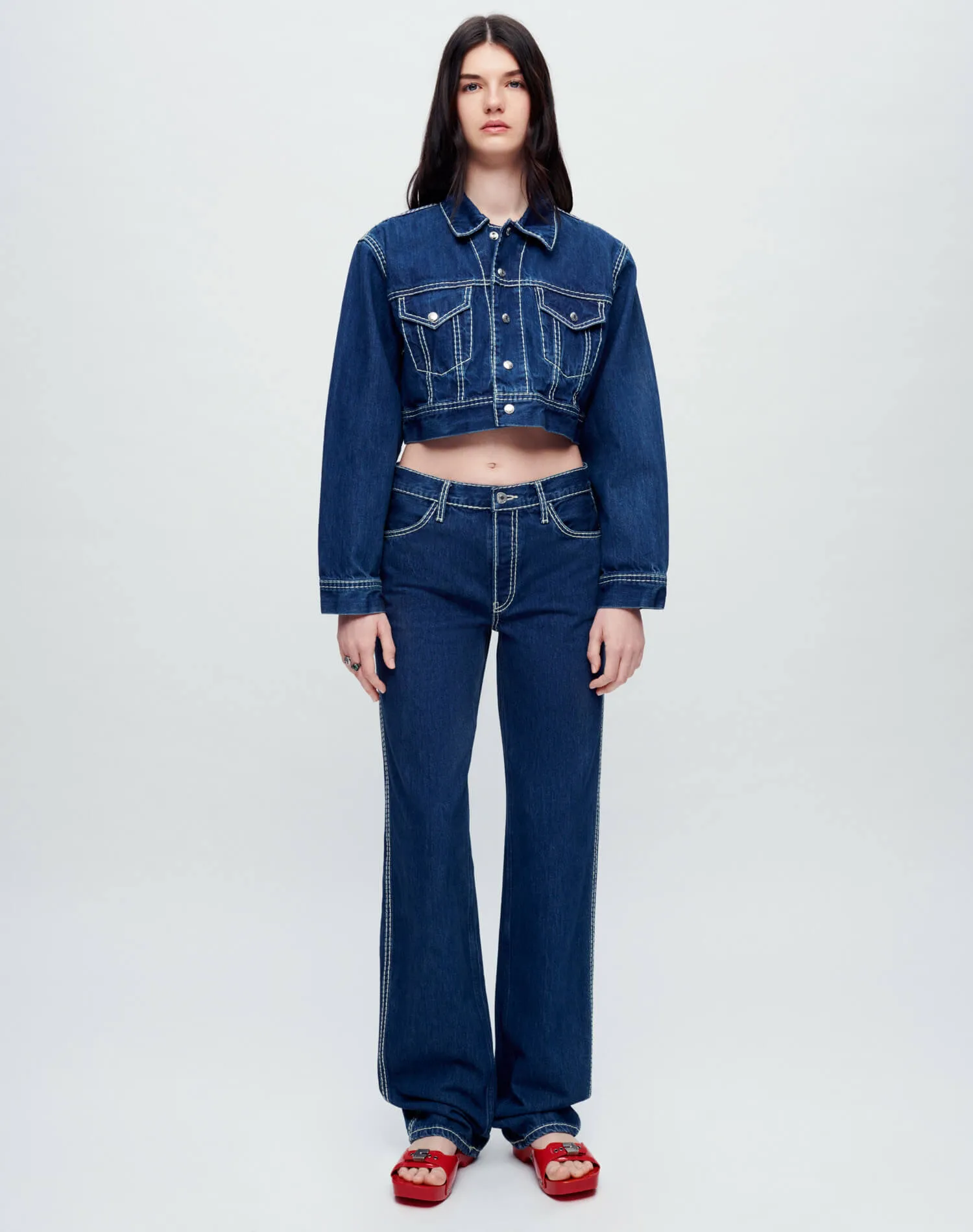 Cropped Denim Trucker - Chunky Stitch with Indigo sold by Re/Done product image thumbnail 4