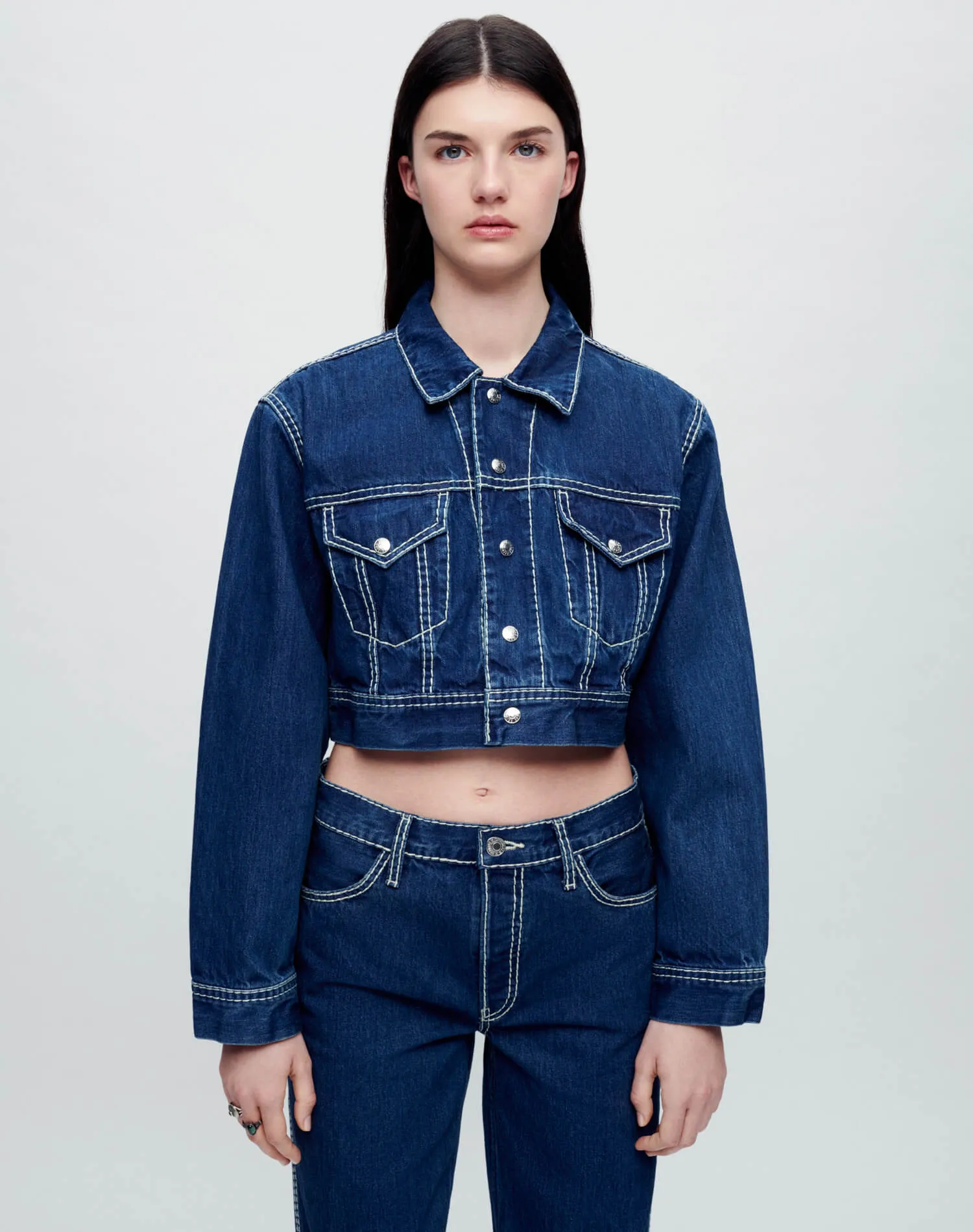 Cropped Denim Trucker - Chunky Stitch with Indigo sold by Re/Done product image thumbnail 3