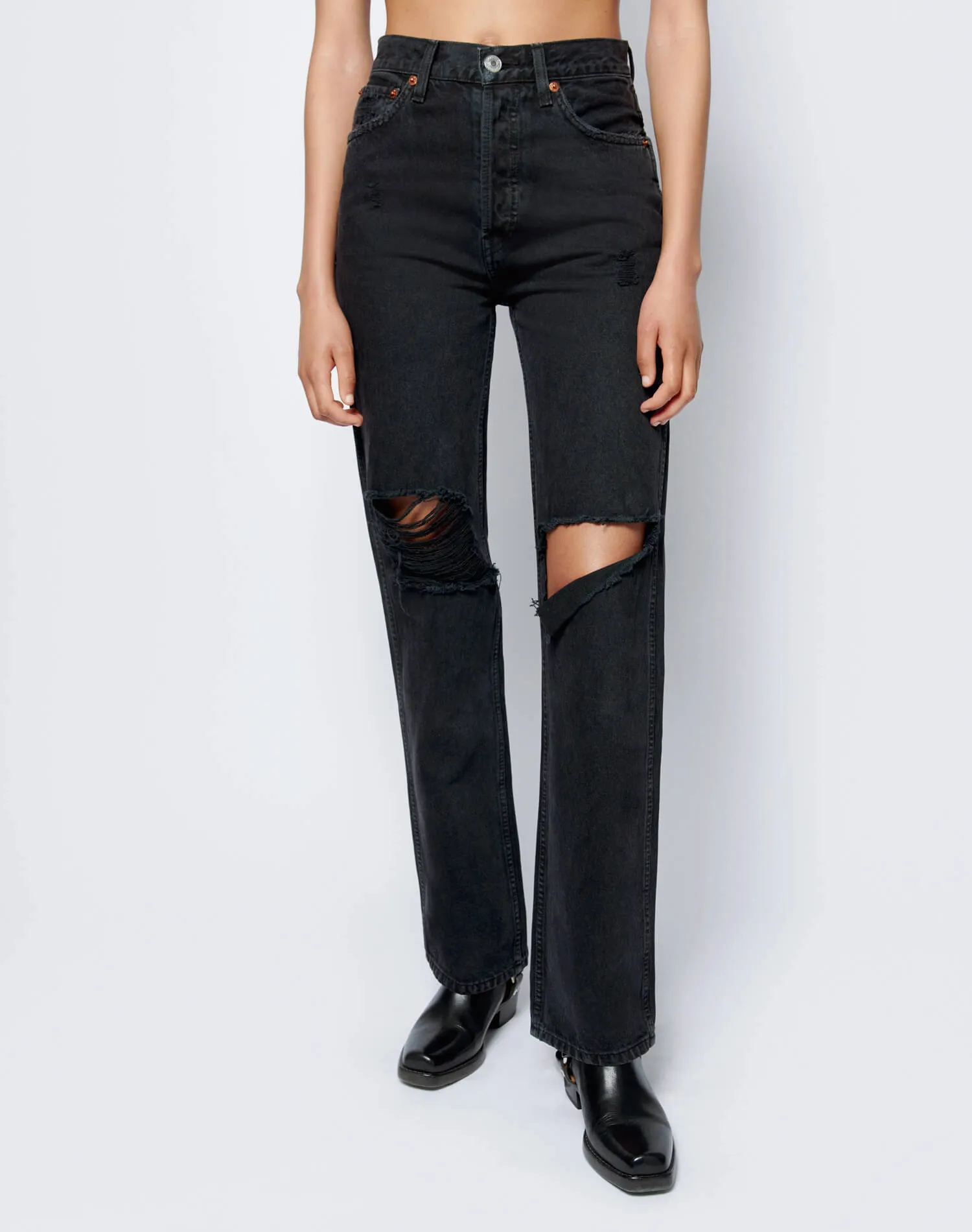 High Rise Loose - Washed Black with Rips sold by Re/Done
