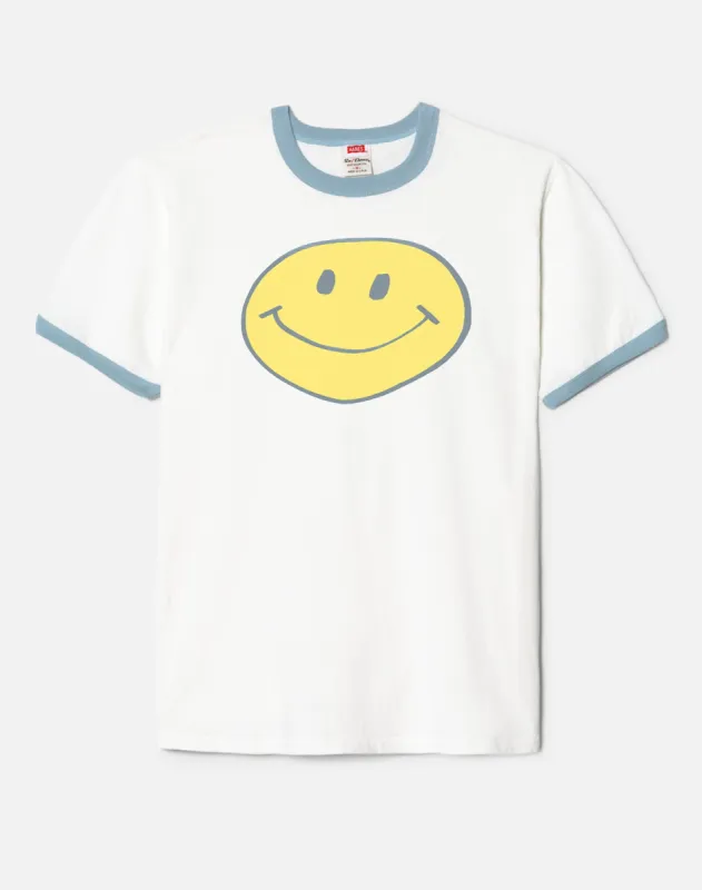 Ringer Tee "Smiley" - Old White/Stone Blue made by Re/Done