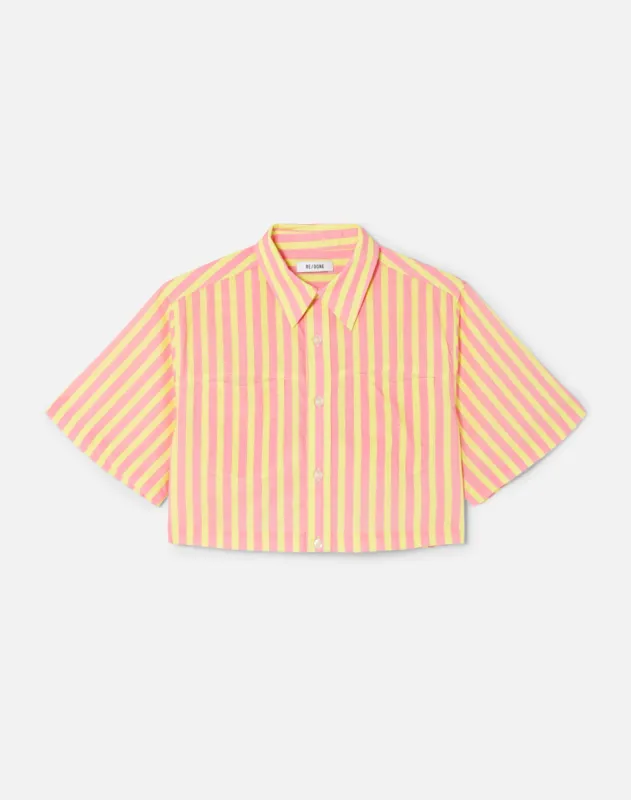 Overszied Crop Shirt - Pink Yellow Stripe sold by Re/Done