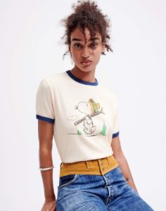 “RE DONE” Snoopy Ski Tシャツ VintageIvory RE/DONE RINGER SKIING SNOOPY TEE - VINTAGE IVORY/MIDNIGHT