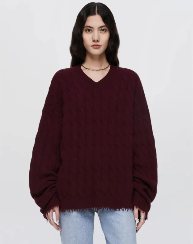 Cashmere Cable V Neck Pullover - Oxblood made by Re/Done