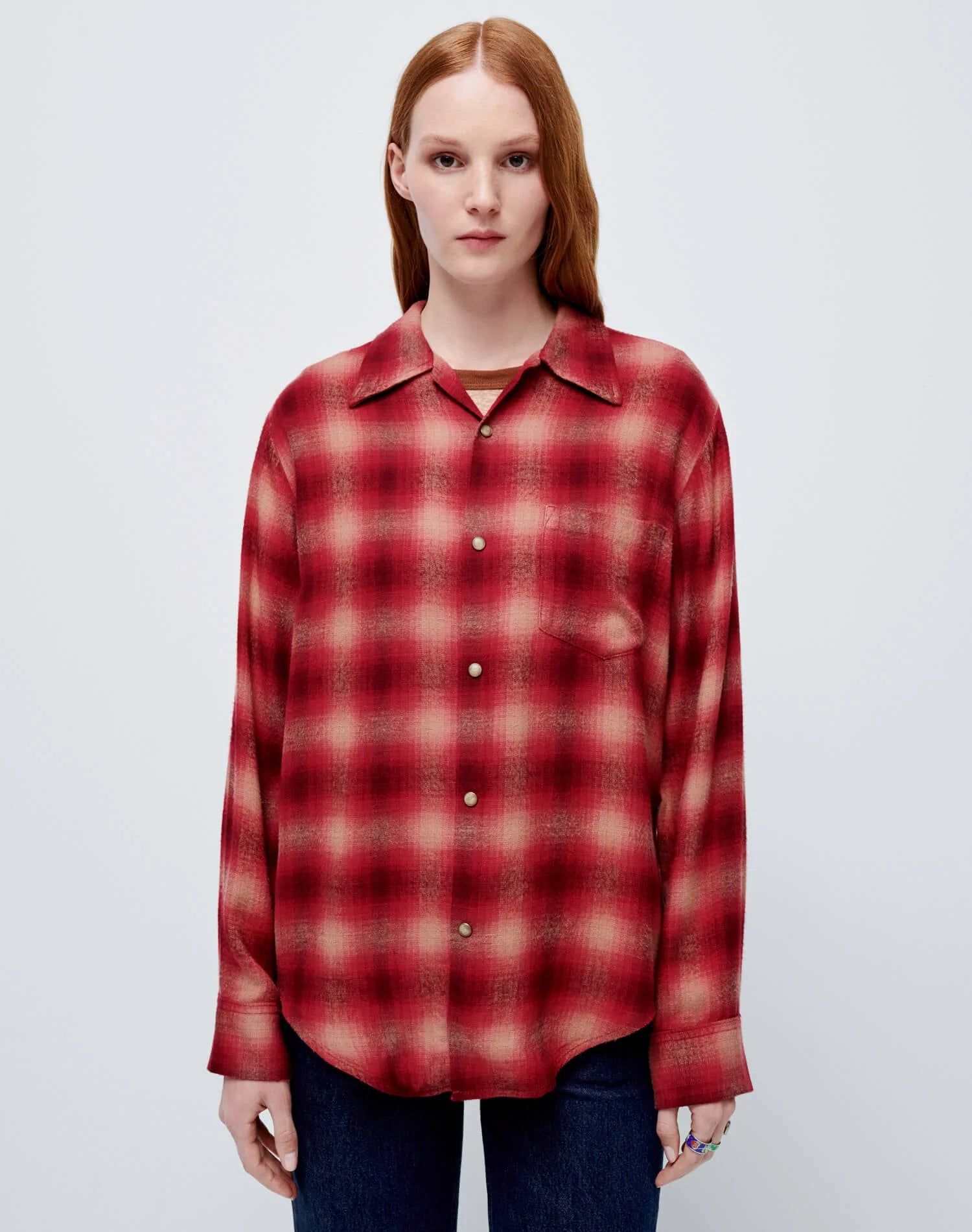 60s Plaid Shirt - Burgundy Tan Plaid sold by Re/Done