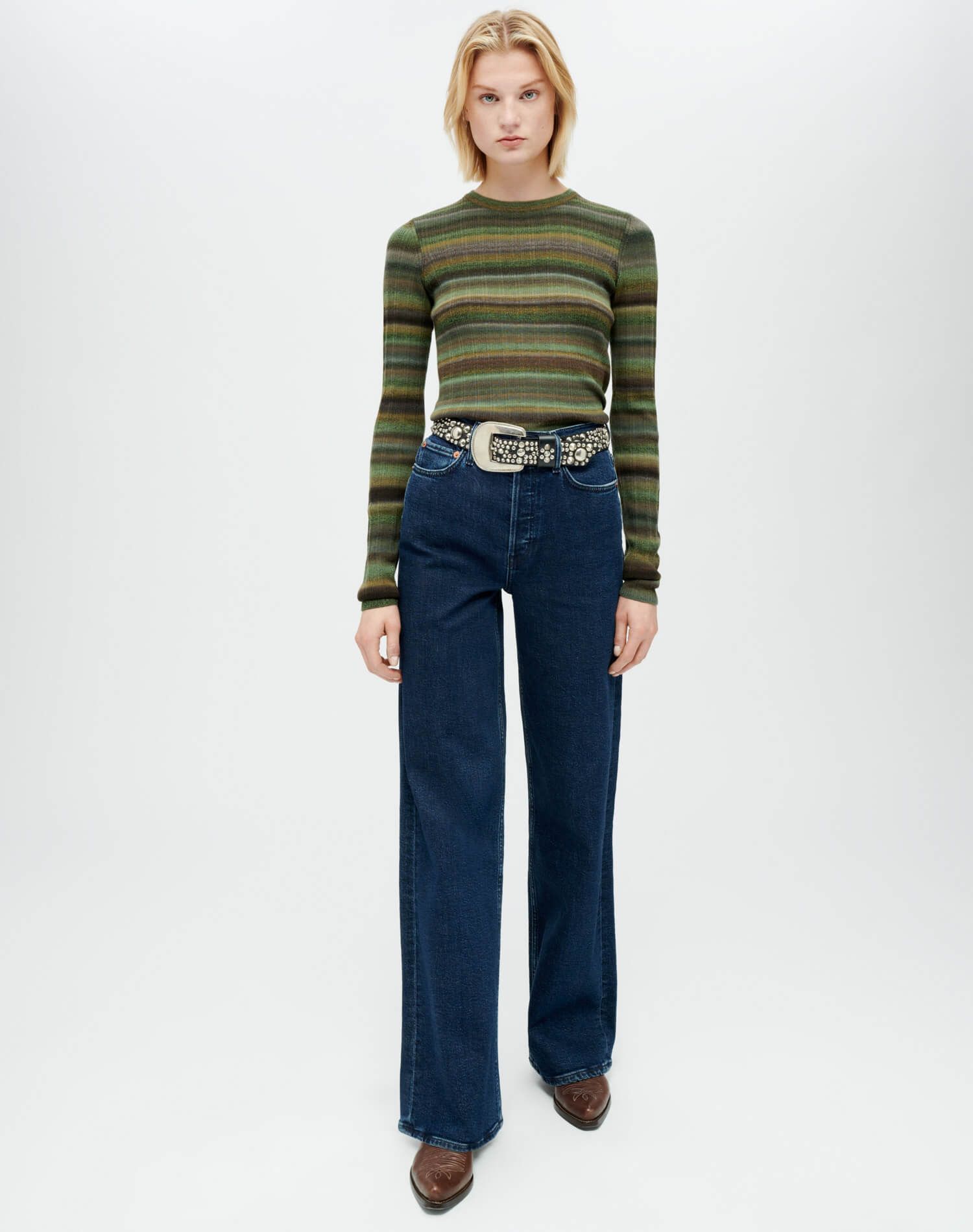 Long Sleeve Ribbed Crewneck - Green Space Dye sold by Re/Done