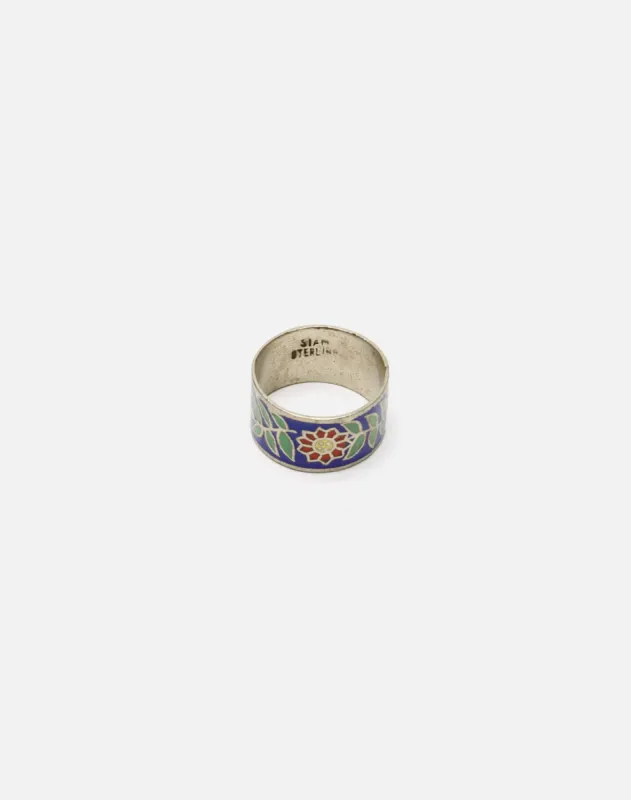 50s Multi Color Floral Enameled Siam Sterling Silver Ring made by Re/Done