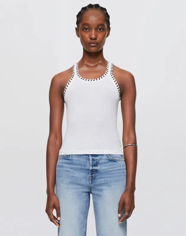 Whipstitch Ribbed Tank - White With Brown sold by Re/Done