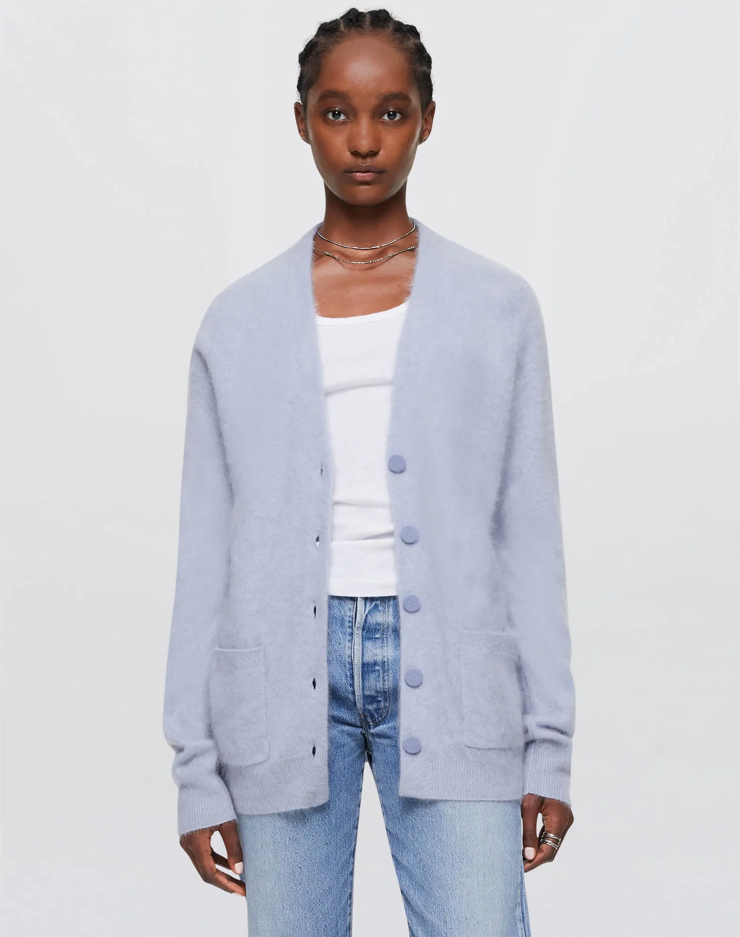 Brushed Cashmere Tailored Cardi - Stone Blue sold by Re/Done