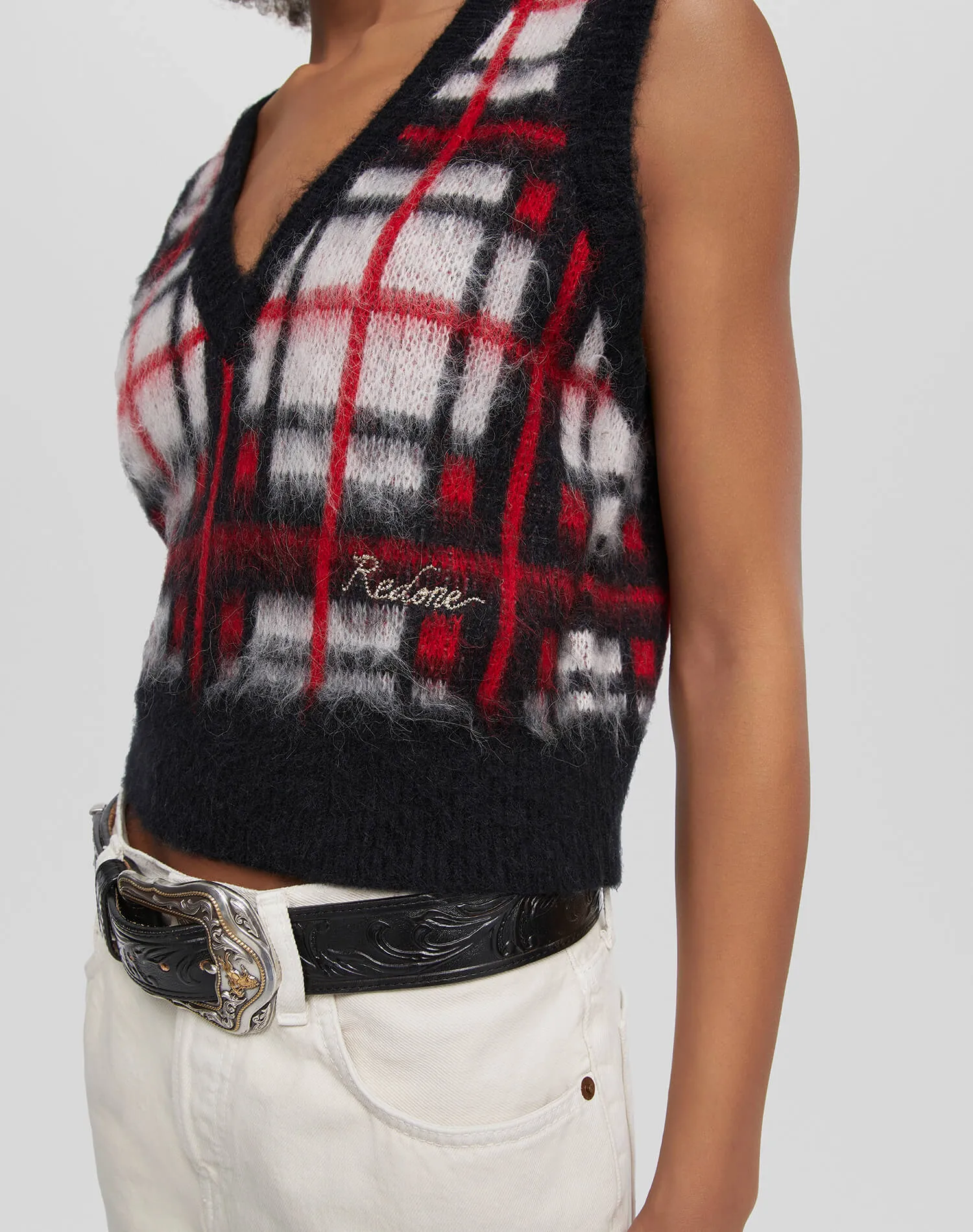 Tartan V Neck Vest - Black/Red/White sold by Re/Done product image thumbnail 5
