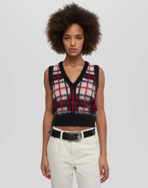 Tartan V Neck Vest - Black/Red/White made by Re/Done