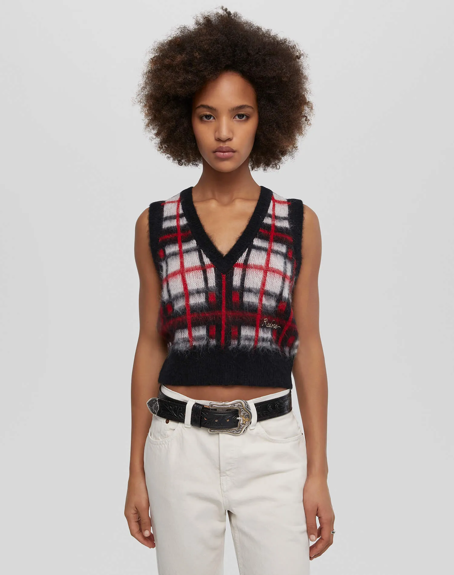 Tartan V Neck Vest - Black/Red/White sold by Re/Done