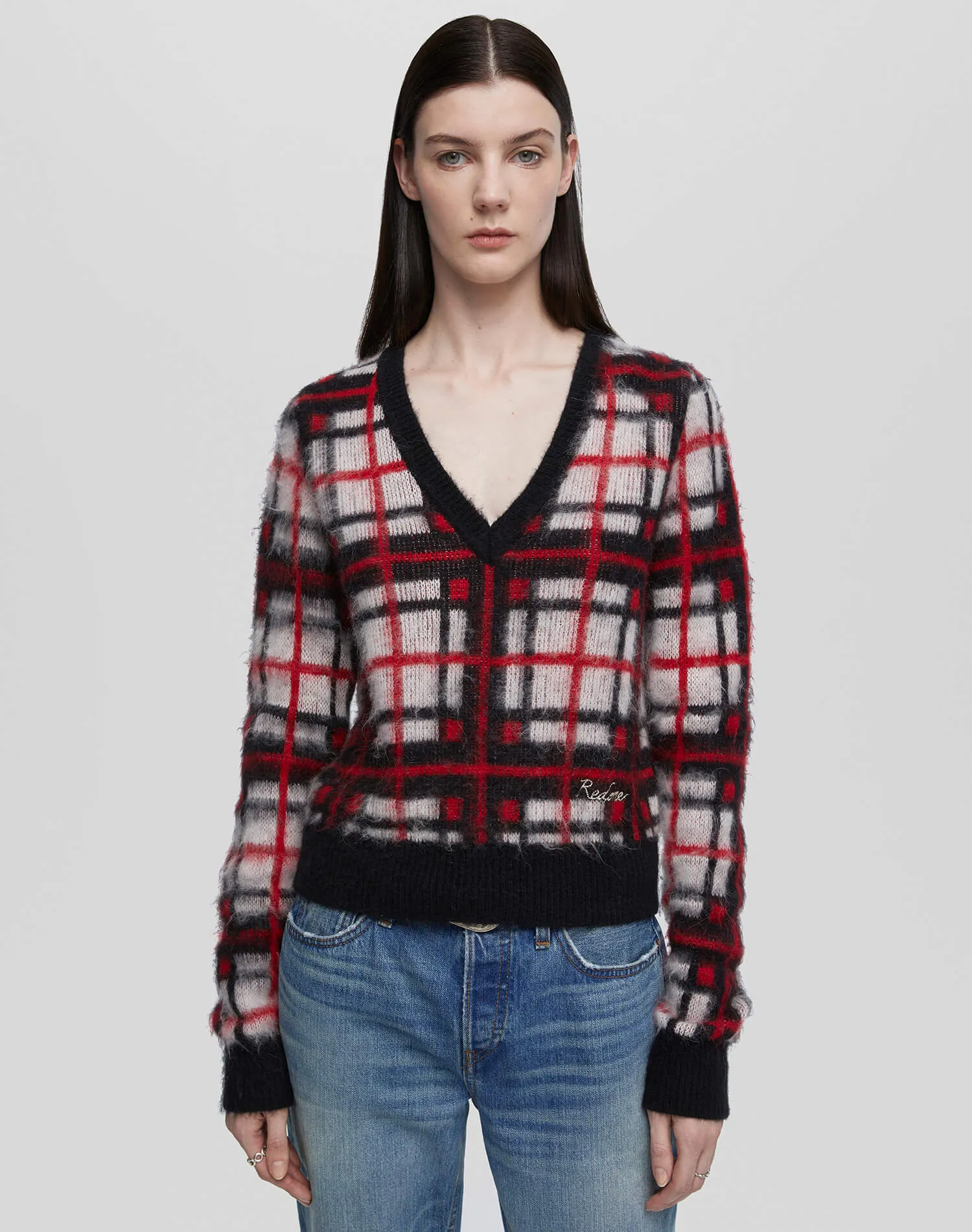 Tartan V Neck Pullover - Black/Red/White sold by Re/Done