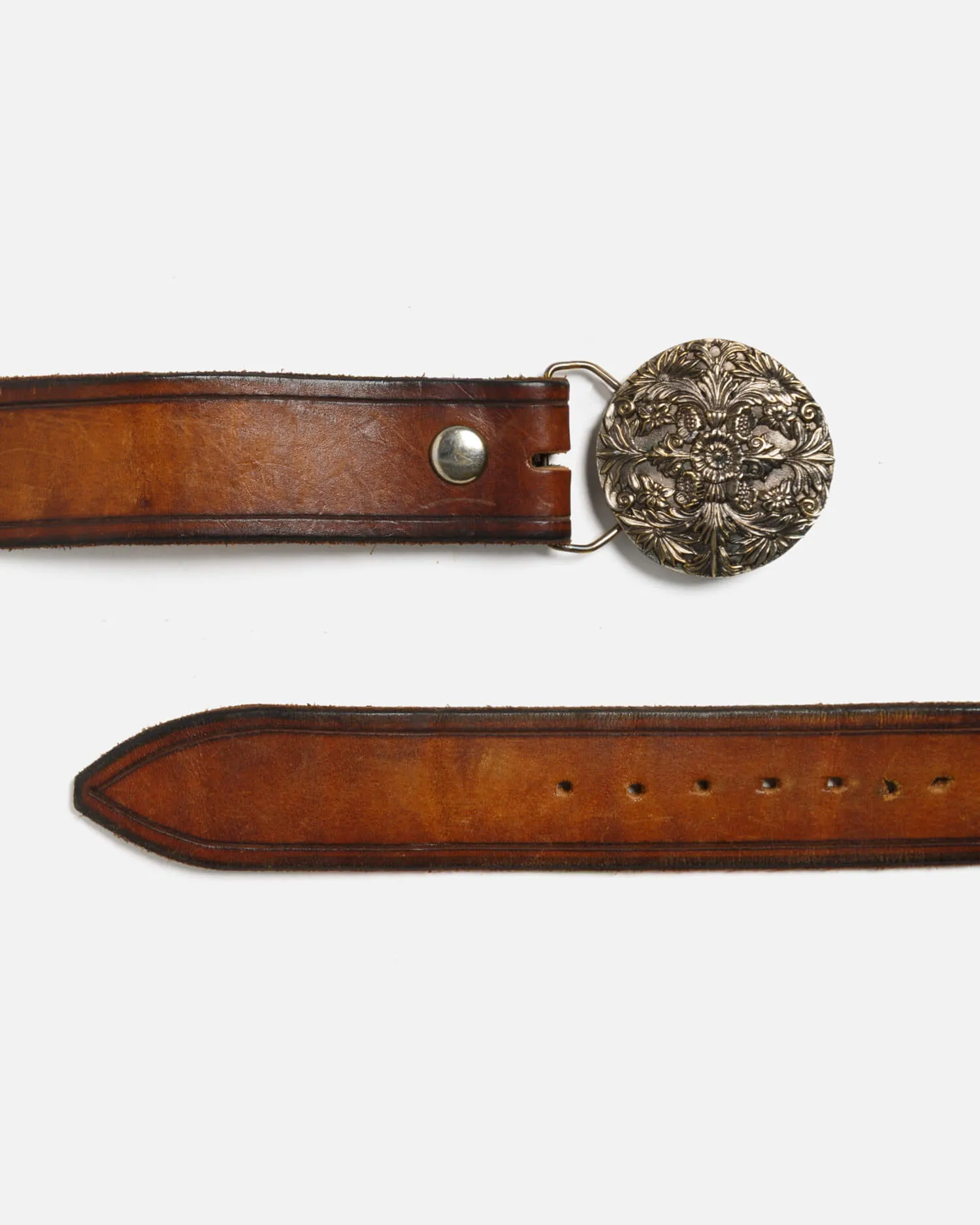 70s Brass Floral Buckle On Embossed Belt -#35 sold by Re/Done product image thumbnail 2