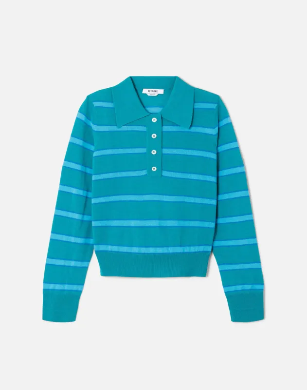 The Memphis Long Sleeve Polo - Aqua Verde Stripe made by Re/Done