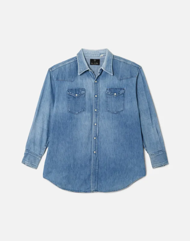 70s Maverick Oversized Denim Pearl Snap Shirt -#32 sold by Re/Done