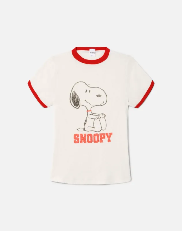 60s Slim Ringer "Snoopy" Tee - Vintage White With Crimson made by Re/Done