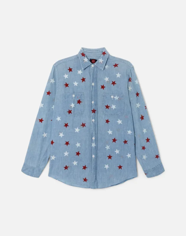 70s Red Ball Label Chambray Work Shirt With All Over Star Design -#28 made by Re/Done