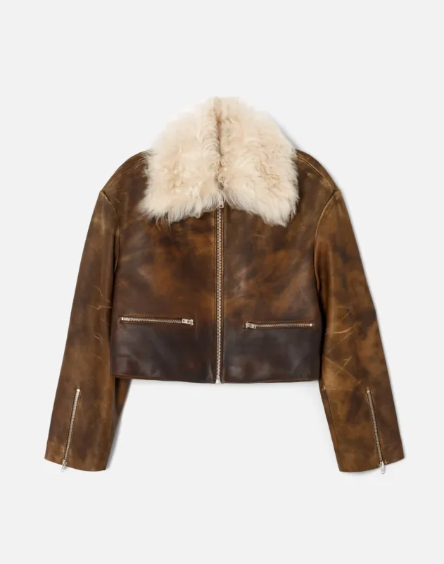 Distressed Aviator Shearling Jacket - Brown made by Re/Done