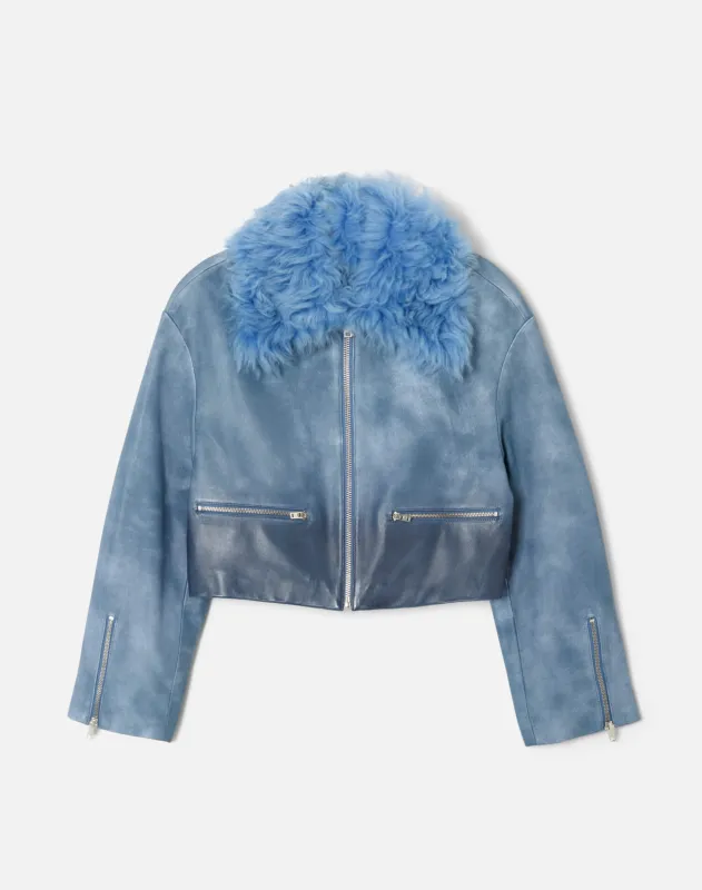 Distressed Aviator Shearling Jacket - Stone Blue made by Re/Done