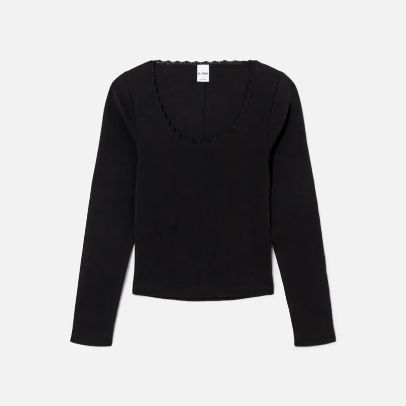 Lace Scoop Neck Long Sleeve Tee - Black made by Re/Done