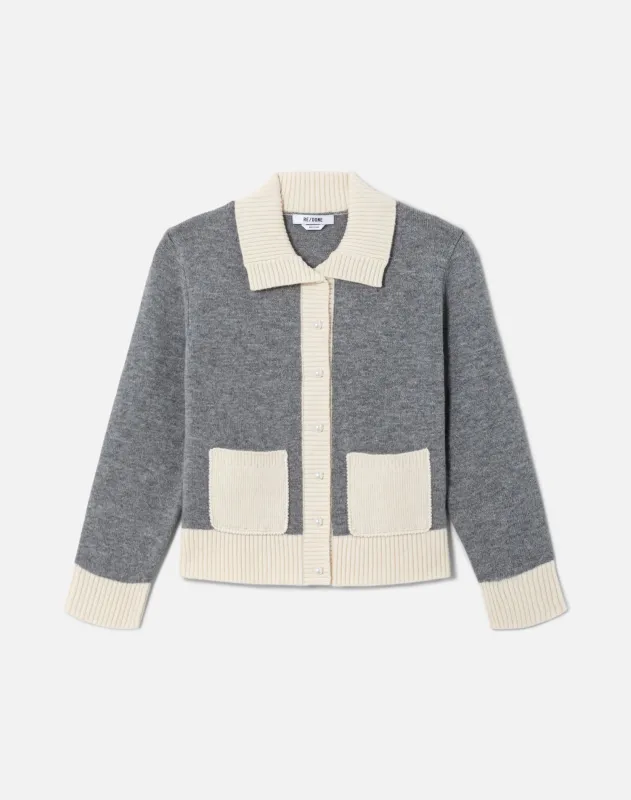 Pearl Contrast Cardi - Heather Grey Ivory made by Re/Done