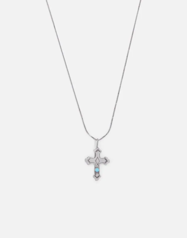 Vintage 70s Sterling + Turquoise Cross Necklace -#1734 made by Re/Done