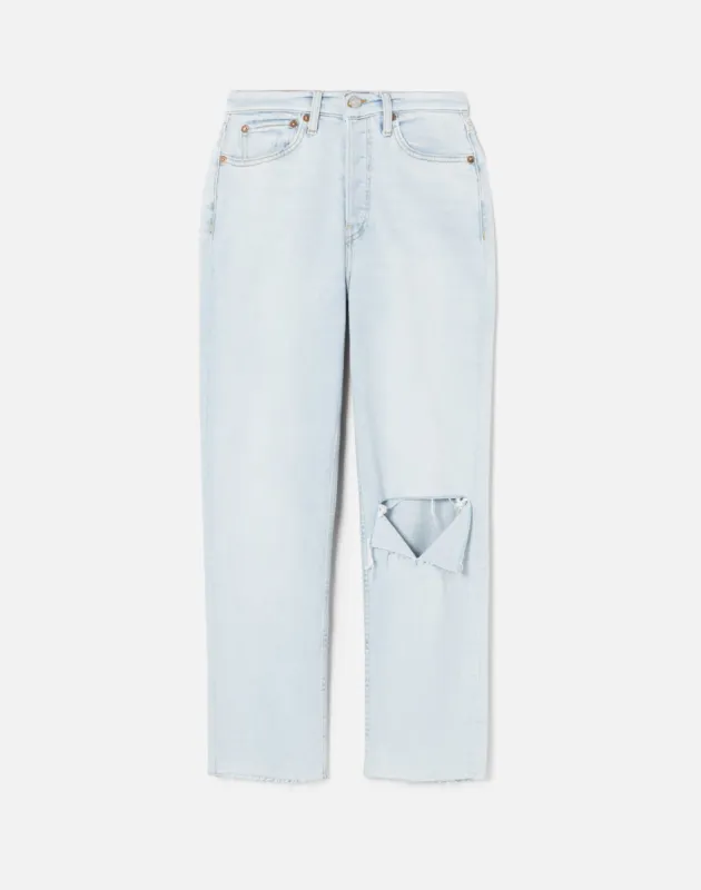 Comfort Stretch High Rise Stove Pipe - Icy Blue with Hole sold by Re/Done