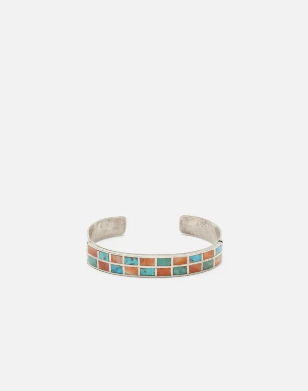 50s Zuni Sterling, Coral & Turquoise Inlaid Bracelet made by Re/Done