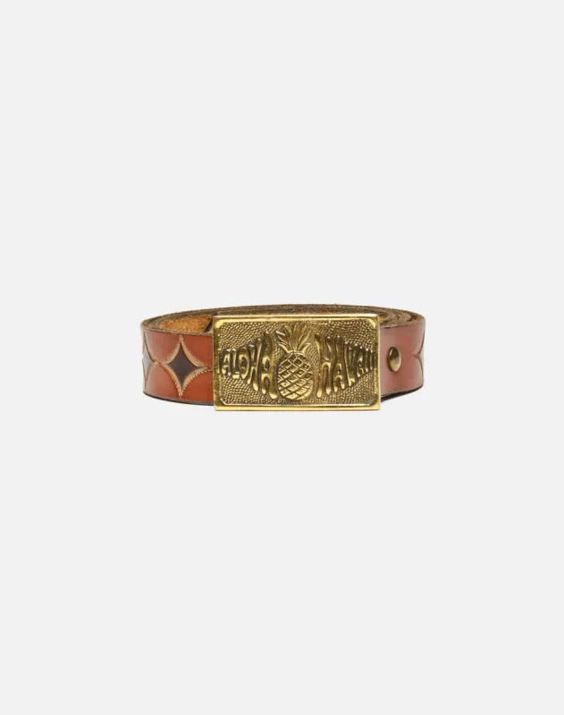 70s Aloha Brass Buckle on Embossed Belt sold by Re/Done