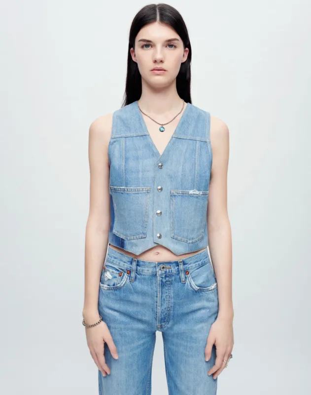 Coated Denim Vest - Worn Blue with Foil sold by Re/Done