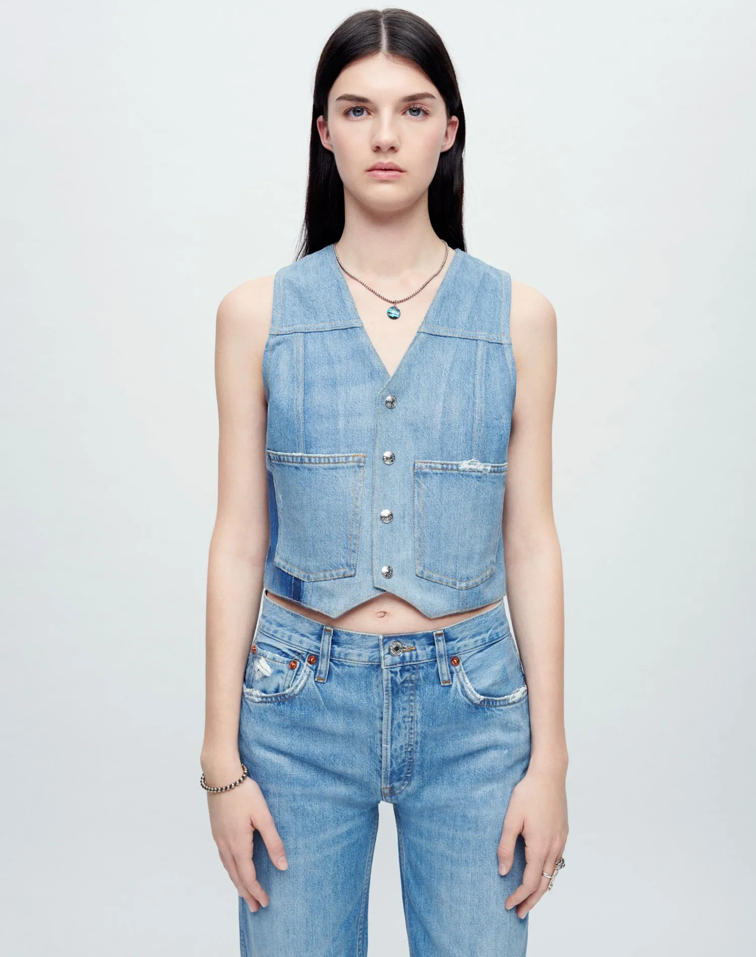 Coated Denim Vest - Worn Blue with Foil sold by Re/Done